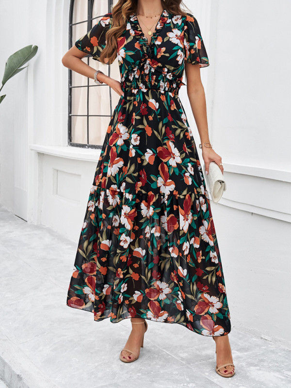 Spring and summer new temperament casual printed waist dress-chiquechics