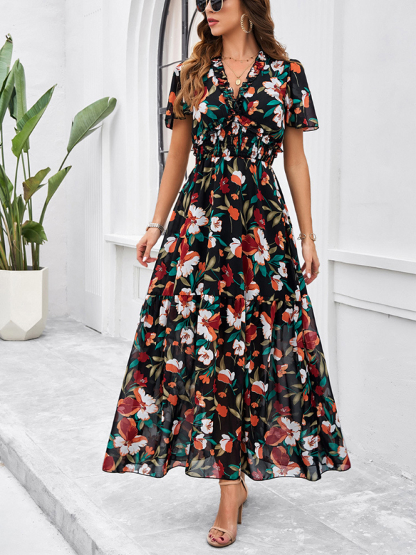 Spring and summer new temperament casual printed waist dress-chiquechics