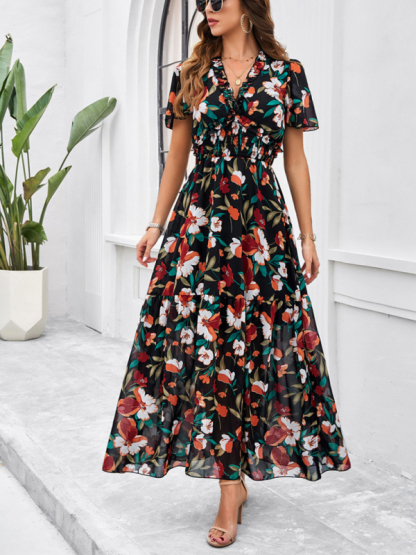 Spring and summer new temperament casual printed waist dress-chiquechics