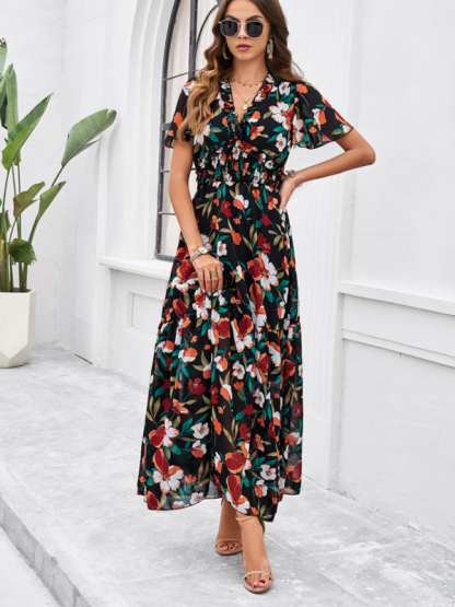 Spring and summer new temperament casual printed waist dress-chiquechics