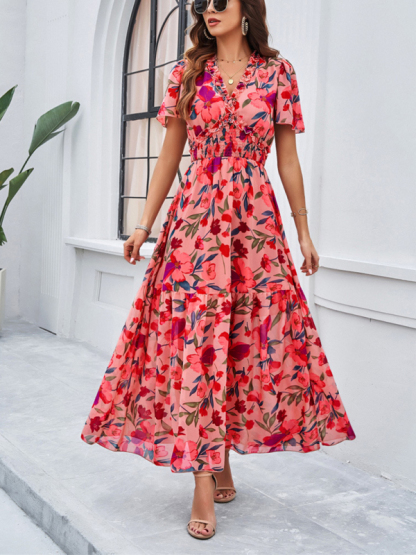 Spring and summer new temperament casual printed waist dress-chiquechics