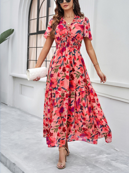 Spring and summer new temperament casual printed waist dress-chiquechics