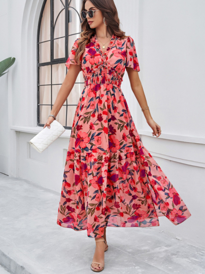 Spring and summer new temperament casual printed waist dress-chiquechics