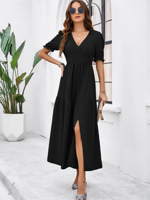New spring and summer solid color temperament V-neck short-sleeved long skirt-chiquechics