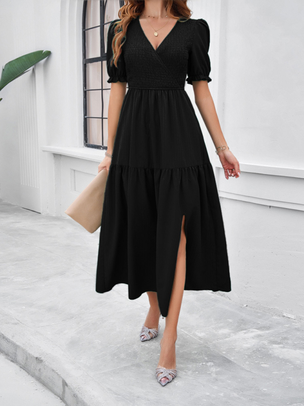 New spring and summer solid color temperament V-neck short-sleeved long skirt-chiquechics