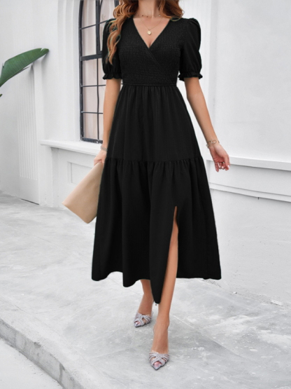 New spring and summer solid color temperament V-neck short-sleeved long skirt-chiquechics
