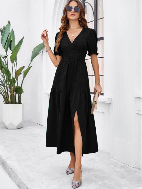 New spring and summer solid color temperament V-neck short-sleeved long skirt-chiquechics