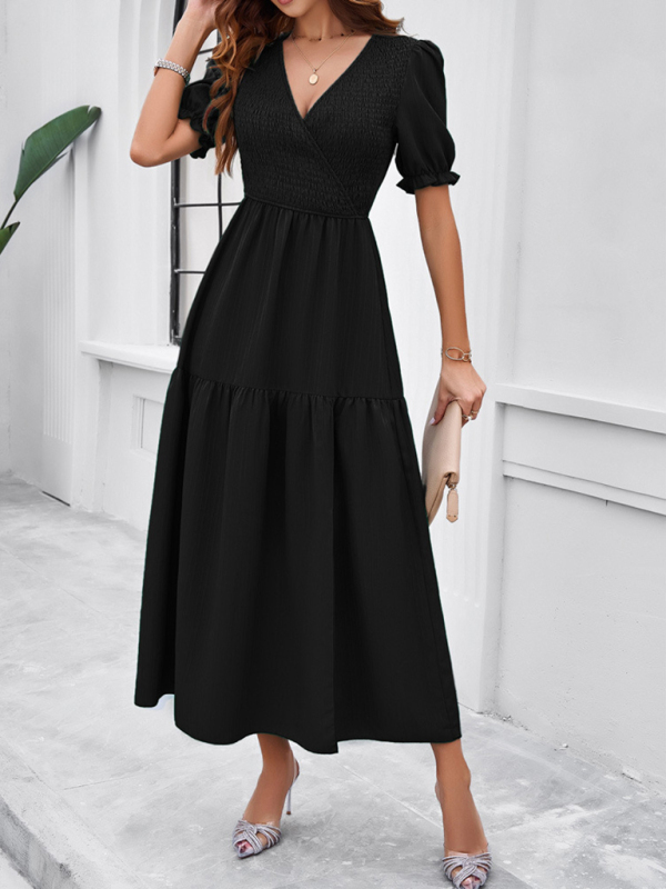 New spring and summer solid color temperament V-neck short-sleeved long skirt-chiquechics