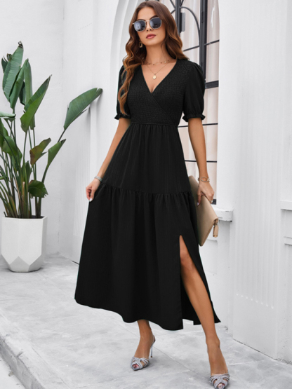 New spring and summer solid color temperament V-neck short-sleeved long skirt-chiquechics