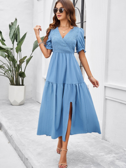 New spring and summer solid color temperament V-neck short-sleeved long skirt-chiquechics