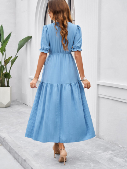 New spring and summer solid color temperament V-neck short-sleeved long skirt-chiquechics