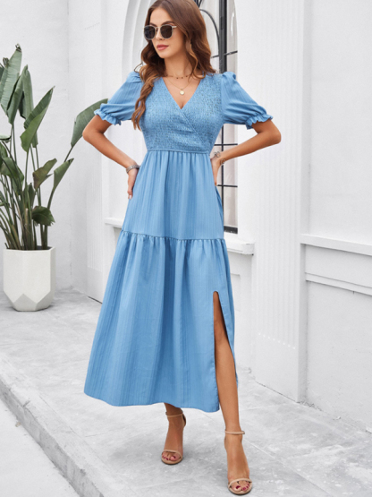 New spring and summer solid color temperament V-neck short-sleeved long skirt-chiquechics
