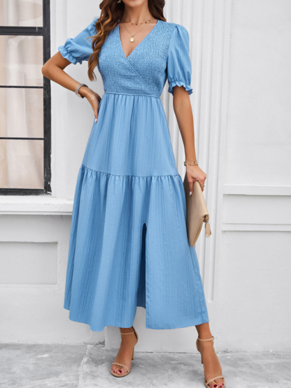 New spring and summer solid color temperament V-neck short-sleeved long skirt-chiquechics