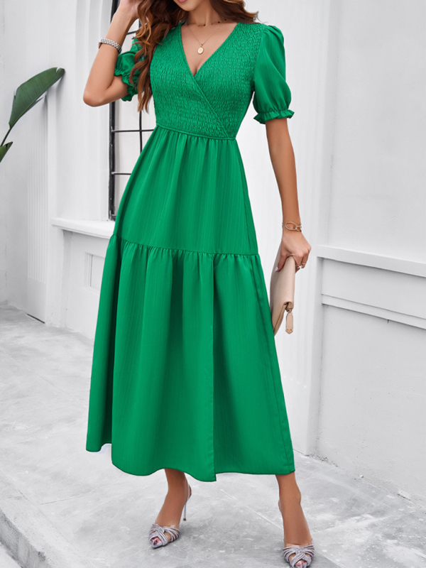 New spring and summer solid color temperament V-neck short-sleeved long skirt-chiquechics