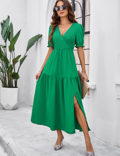 New spring and summer solid color temperament V-neck short-sleeved long skirt-chiquechics
