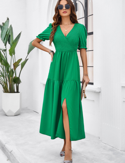 New spring and summer solid color temperament V-neck short-sleeved long skirt-chiquechics