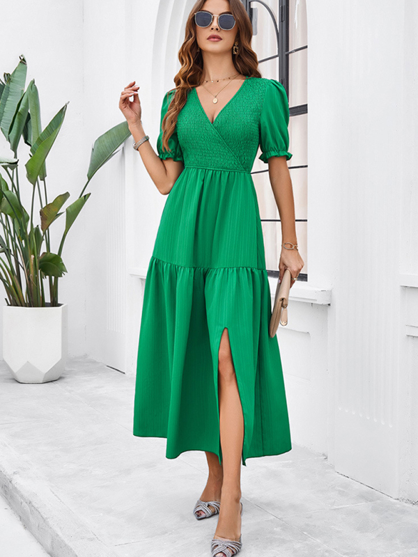 New spring and summer solid color temperament V-neck short-sleeved long skirt-chiquechics