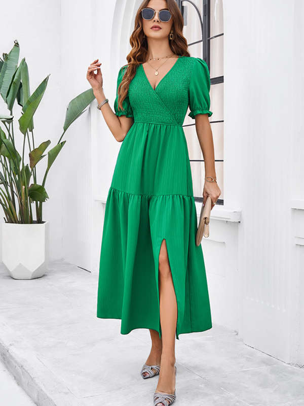 New spring and summer solid color temperament V-neck short-sleeved long skirt-chiquechics