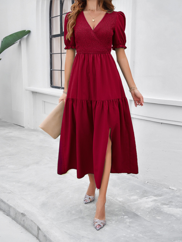 New spring and summer solid color temperament V-neck short-sleeved long skirt-chiquechics