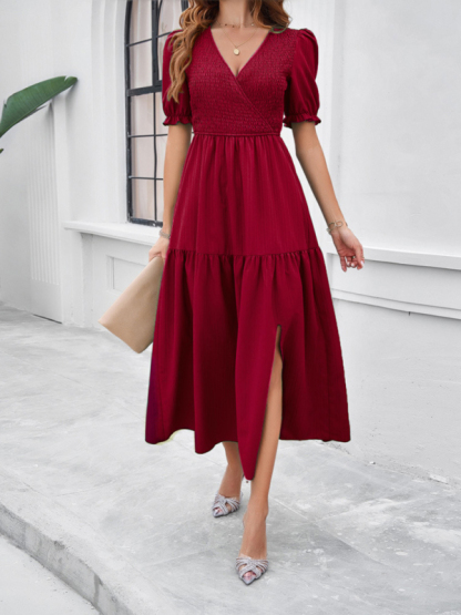 New spring and summer solid color temperament V-neck short-sleeved long skirt-chiquechics