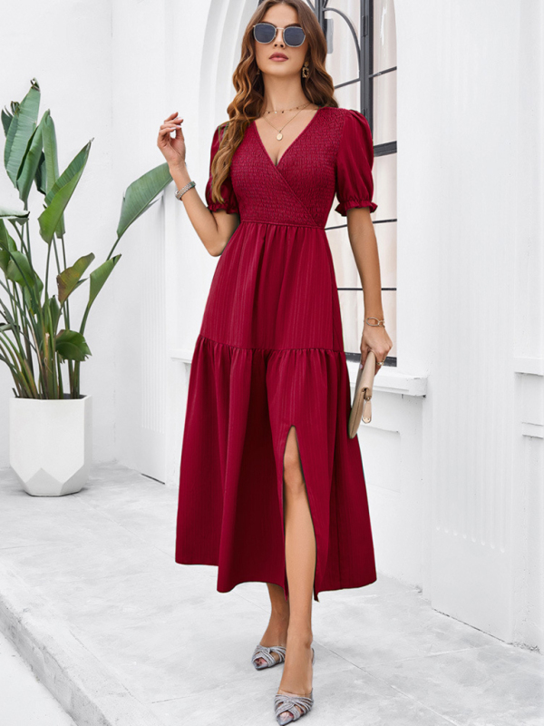 New spring and summer solid color temperament V-neck short-sleeved long skirt-chiquechics