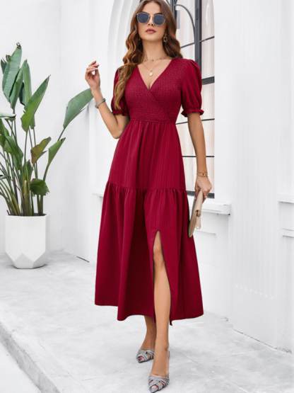 New spring and summer solid color temperament V-neck short-sleeved long skirt-chiquechics