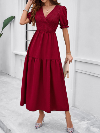 New spring and summer solid color temperament V-neck short-sleeved long skirt-chiquechics