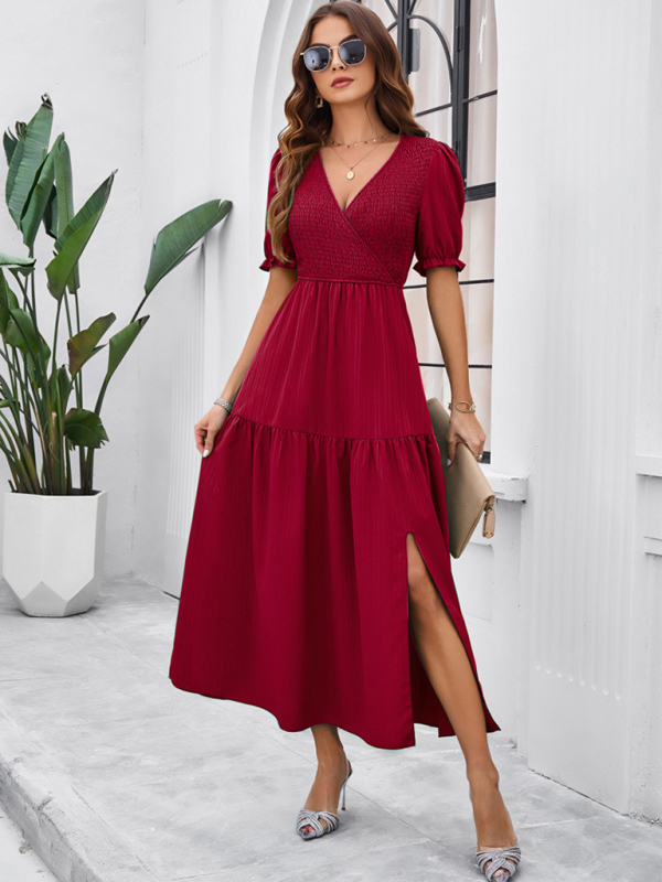 New spring and summer solid color temperament V-neck short-sleeved long skirt-chiquechics