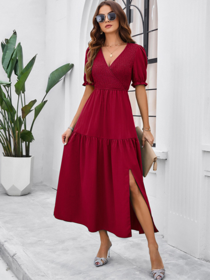 New spring and summer solid color temperament V-neck short-sleeved long skirt-chiquechics