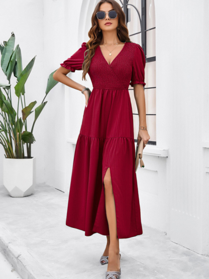 New spring and summer solid color temperament V-neck short-sleeved long skirt-chiquechics