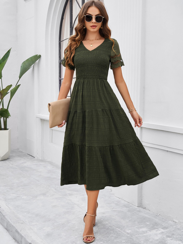 New solid color short sleeve V-neck dress-chiquechics
