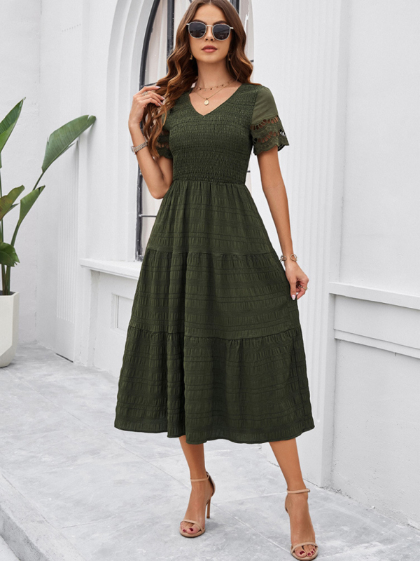 New solid color short sleeve V-neck dress-chiquechics