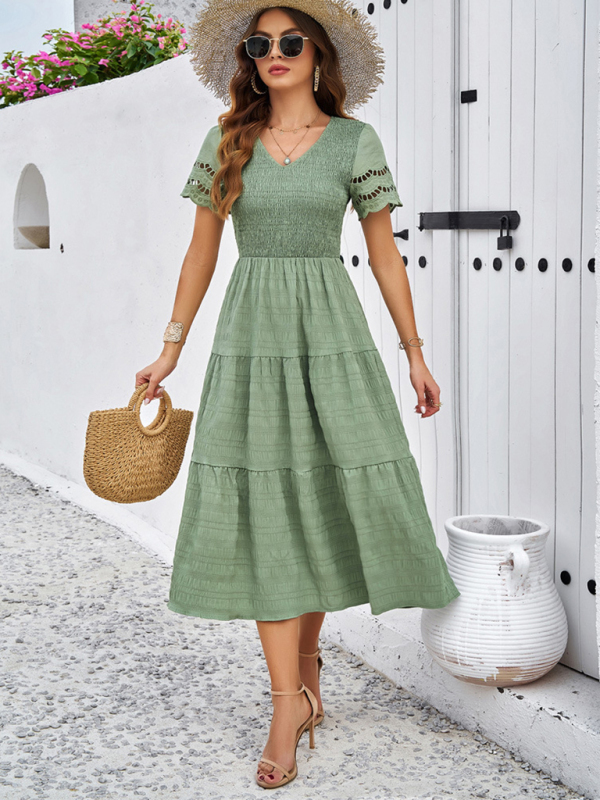 New solid color short sleeve V-neck dress-chiquechics