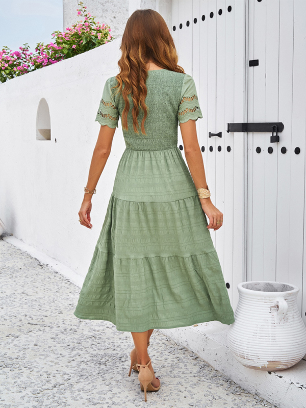 New solid color short sleeve V-neck dress-chiquechics