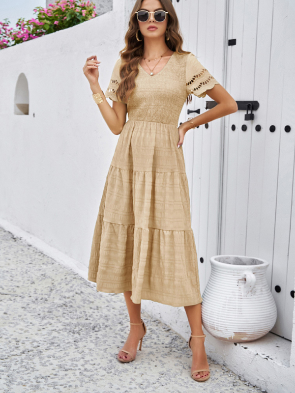New solid color short sleeve V-neck dress-chiquechics