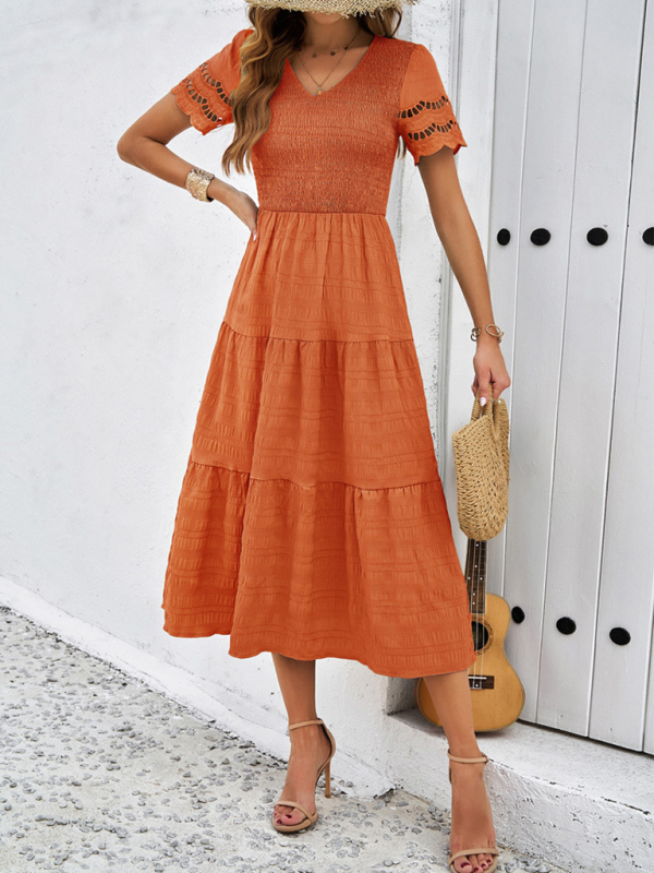 New solid color short sleeve V-neck dress-chiquechics