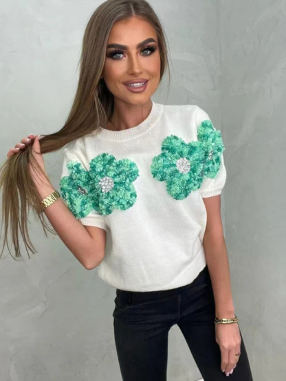 New contrasting flower sweet pink round neck short-sleeved sweater-chiquechics