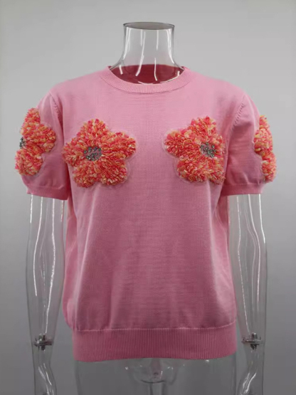 New contrasting flower sweet pink round neck short-sleeved sweater-chiquechics