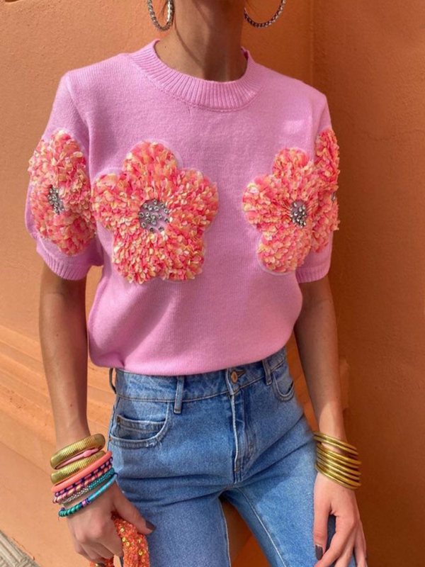 New contrasting flower sweet pink round neck short-sleeved sweater-chiquechics