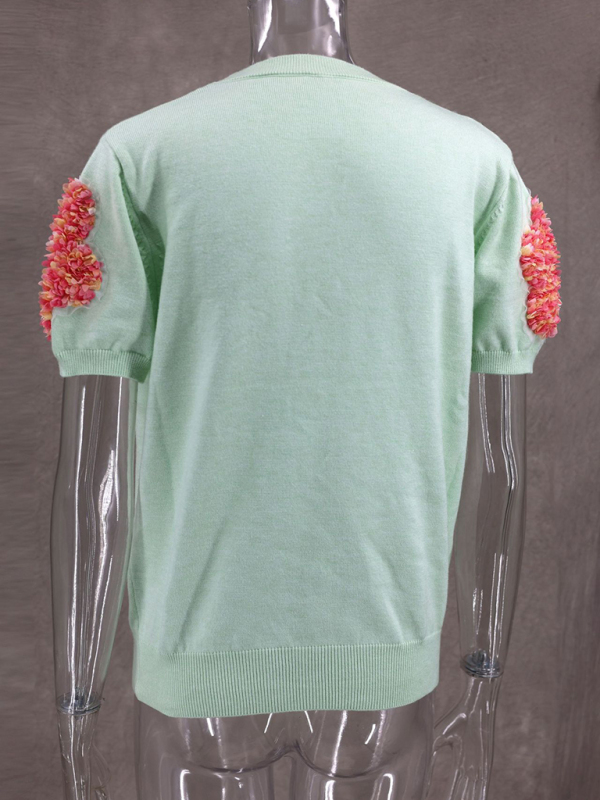 New contrasting flower sweet pink round neck short-sleeved sweater-chiquechics