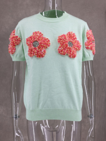 New contrasting flower sweet pink round neck short-sleeved sweater-chiquechics