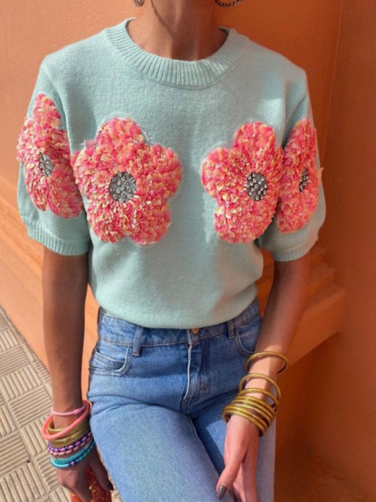 New contrasting flower sweet pink round neck short-sleeved sweater-chiquechics