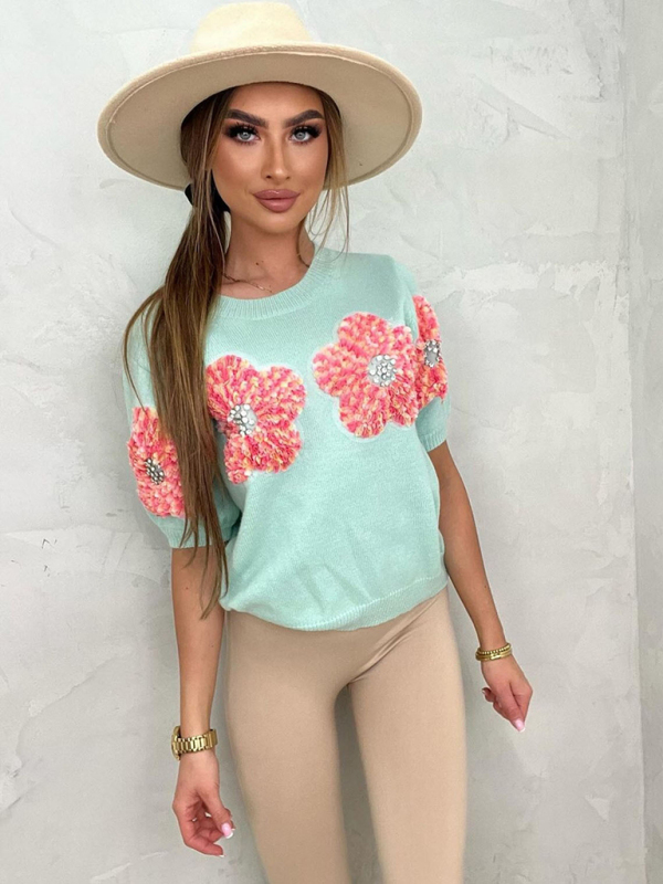 New contrasting flower sweet pink round neck short-sleeved sweater-chiquechics