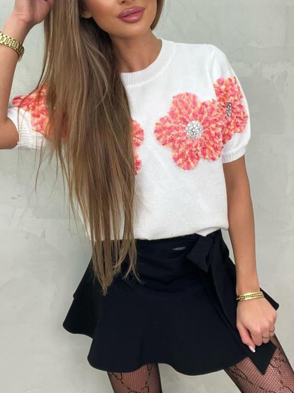 New contrasting flower sweet pink round neck short-sleeved sweater-chiquechics