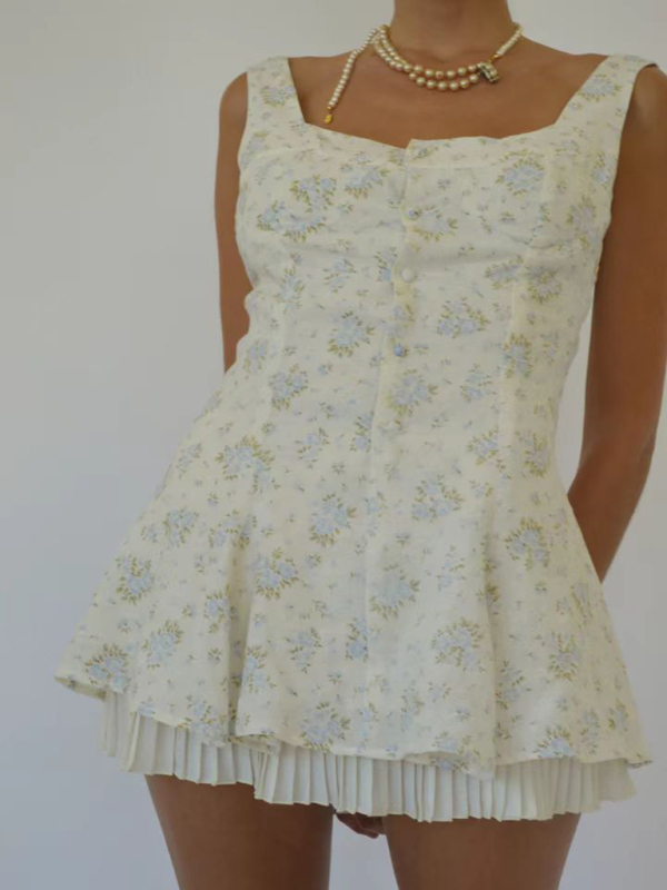 New style comfortable, casual and sexy small floral hem pleated suspender dress-chiquechics