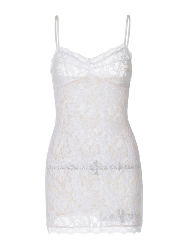 New sexy hottie lace see-through dress with hollow straps and hip-covering short style-chiquechics
