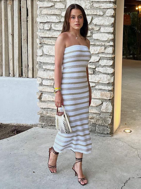 Striped tube top tight skirt beach bohemian casual slimming hip-hugging skirt-chiquechics