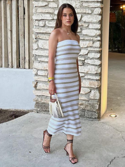 Striped tube top tight skirt beach bohemian casual slimming hip-hugging skirt-chiquechics