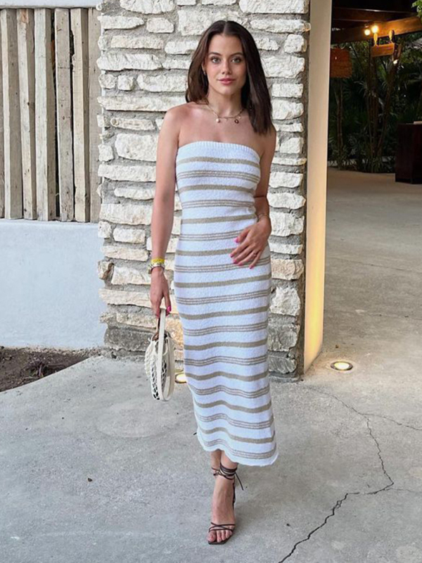 Striped tube top tight skirt beach bohemian casual slimming hip-hugging skirt-chiquechics