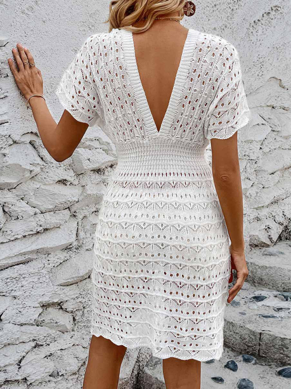 New deep V-neck beach skirt corrugated hollow beach skirt elastic waist beach cover-up-chiquechics